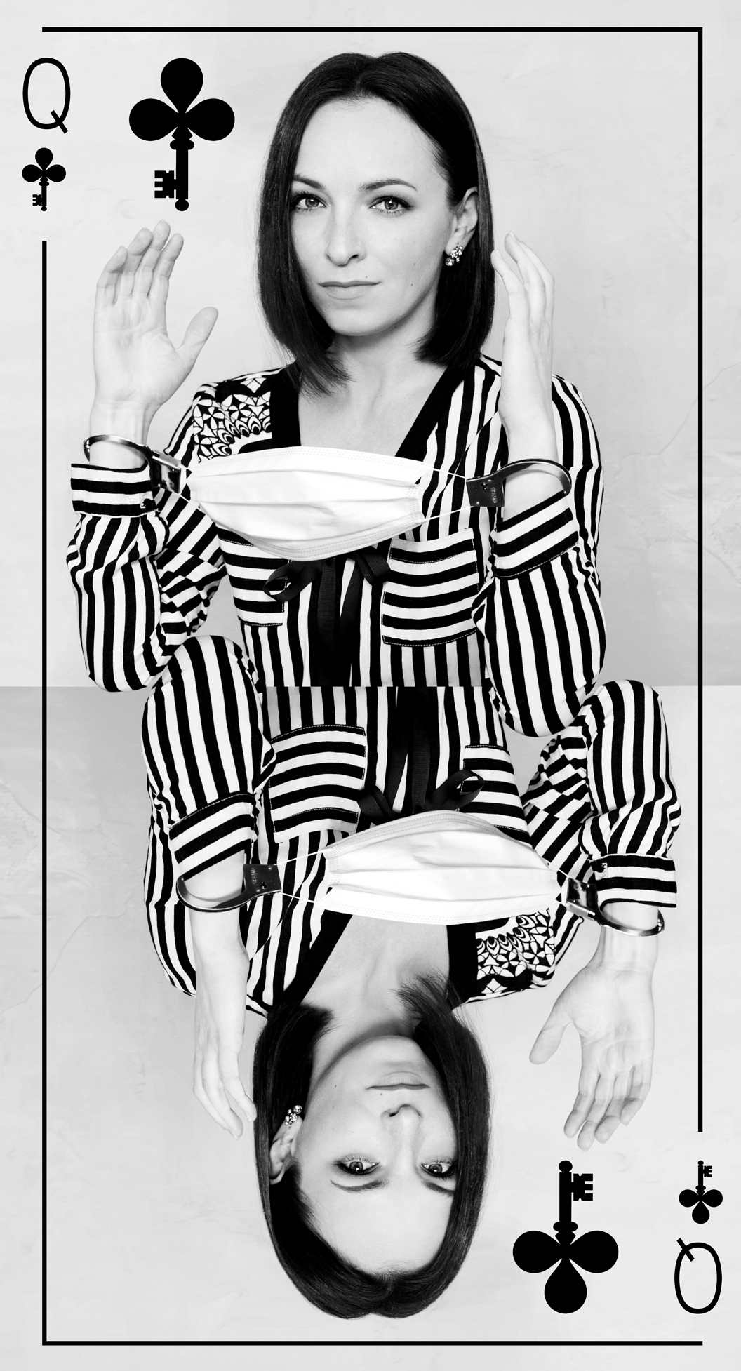 black and white fine art photography.  A collage of a girl with the mask represents freedom of speech. Fine art self-portrait