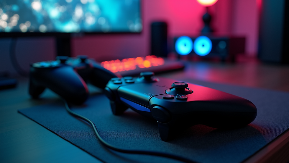 Close-up view of a gaming console setup with cables and controllers