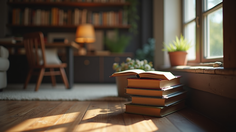 Eye-level view of a cozy reading nook with a stack of books