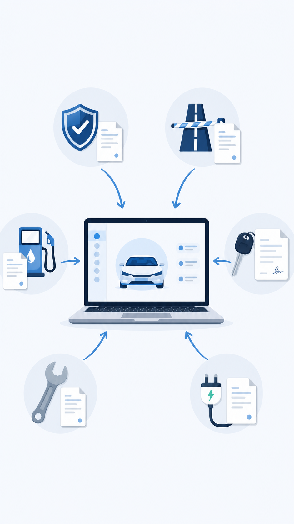 Illustration d’un ordinateur portable avec une voiture, entouré d’icônes auto (clé, carburant, outil, charge) et flèches.