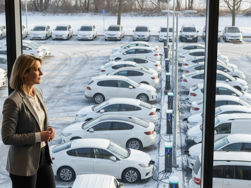 Photo d’une dirigeante ou d’un gestionnaire observant un parking avec des véhicules électriques alignés, ambiance fin d’année, tons neutres professionnels — format horizontal.
