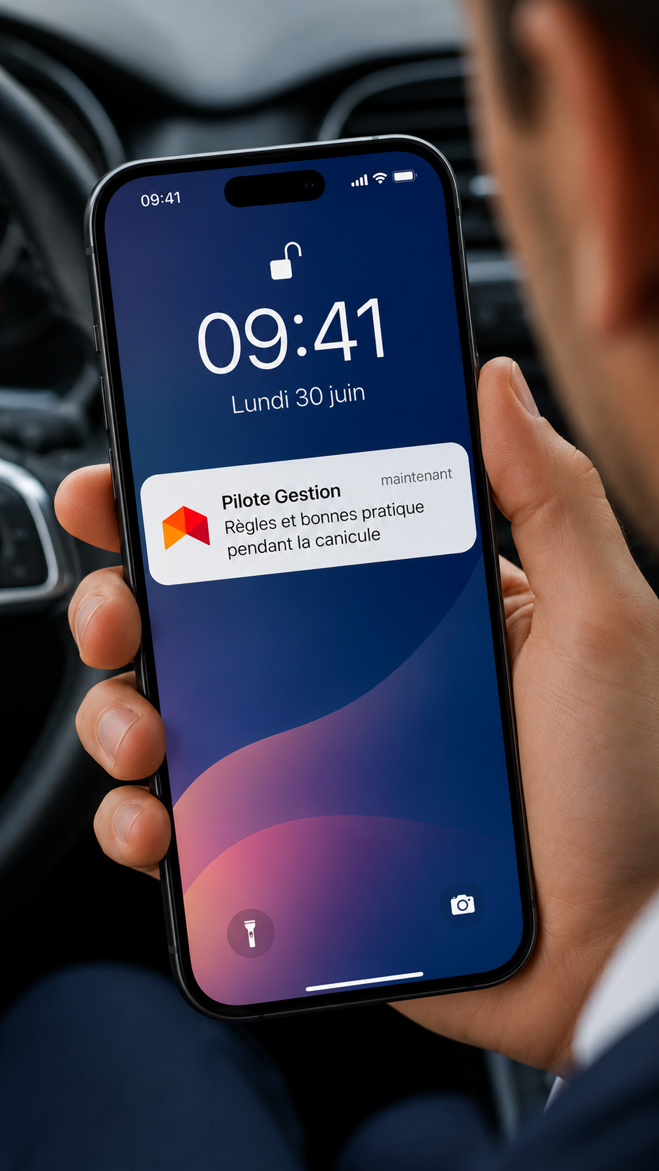 Main tenant un iPhone verrouillé dans une voiture, notification Pilote Gestion sur la canicule, 09:41, ambiance calme.