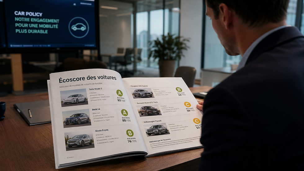 Homme en costume lisant un rapport Écoscore des voitures dans un bureau, face à un écran CAR POLICY.