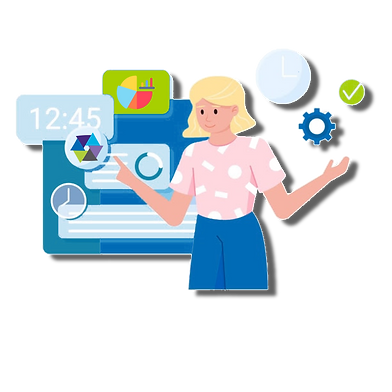 Illustration d'une élève devant des icones de graphiques