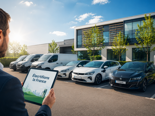 Homme tenant une tablette Électrifions la France devant des voitures électriques et hybrides, bâtiment moderne ensoleillé.