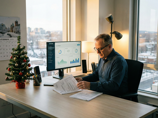 Photo d’un gestionnaire de flotte à son bureau consultant des documents fiscaux et un tableau de bord numérique, ambiance hivernale légère avec mini sapin de noel sur son bureau et un calendrier affichant “Décembre 2025” dans un bureau sobre et moderne — format horizontal.