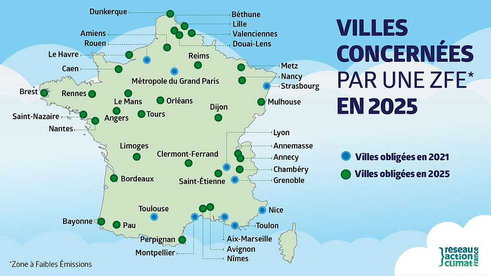 Map de la France avec des points indiquant les villes obligées en 2021 et en 2025 concernant les ZFE