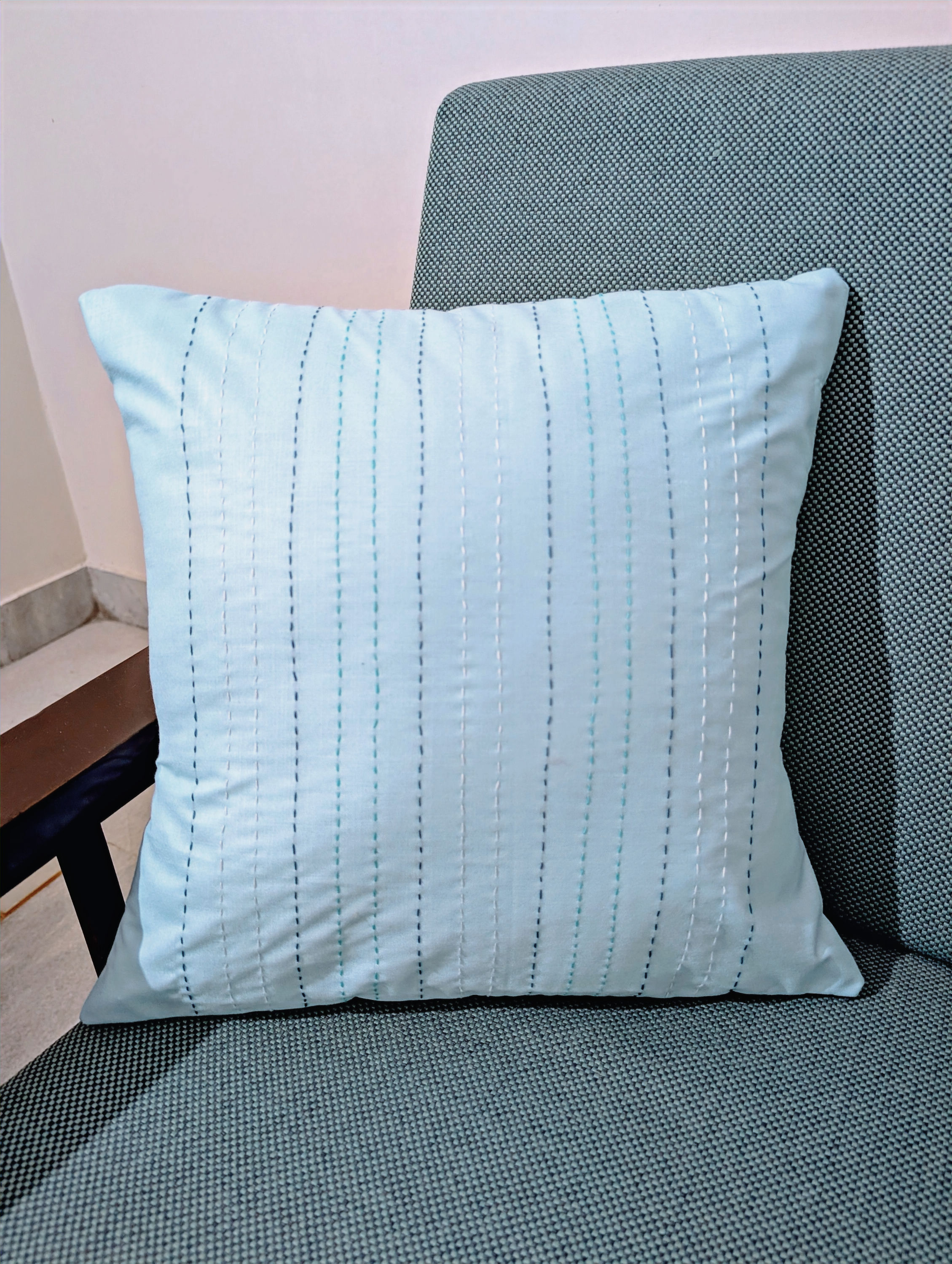 Sky Blue Kantha Stitch Cushion Cover [Set of 2]