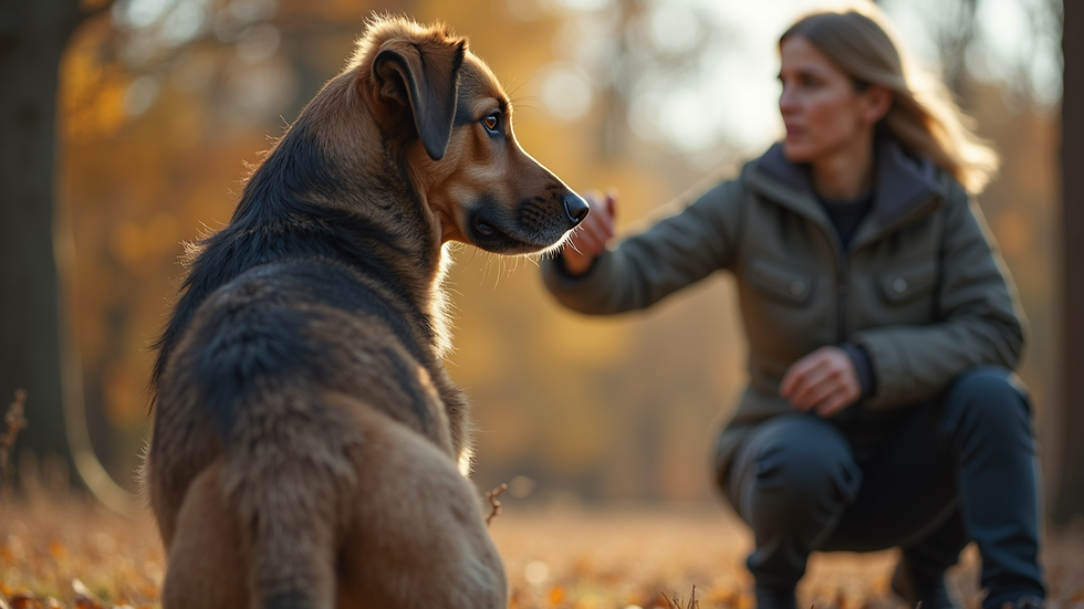 Close-up view of a dog training session with a trainer and a dog