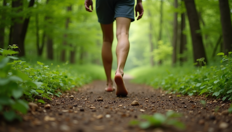 Eye-level view of a person walking barefoot on a forest trail surrounded by green trees