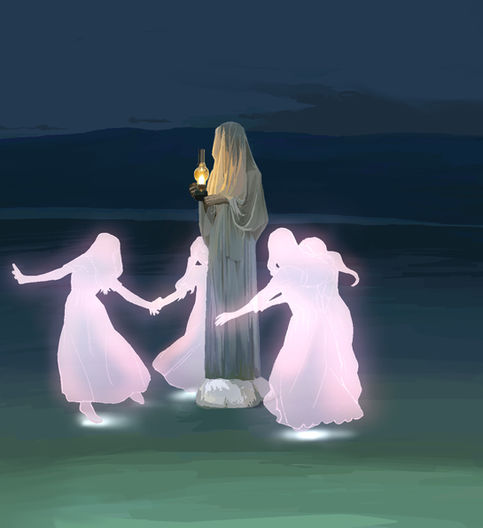 October 1st place Anitoku Art contest winner: Whispers of the Light by @L_rina3 showing a ghastly figure standing in the middle of a lake on a dark night