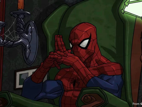Spider-Man sits in a green armchair in a dim room, hands clasped, with candle sconces and a lamp; TikTok watermark.