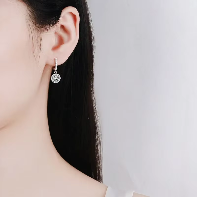 Thumbnail: Round Moissanite Earrings, 1 Carat, in Sterling Silver