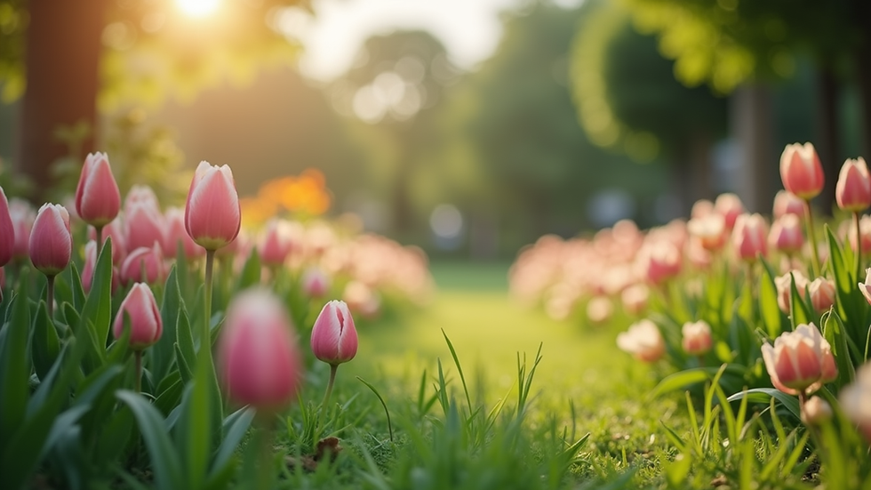 Eye-level view of a serene garden with blooming flowers