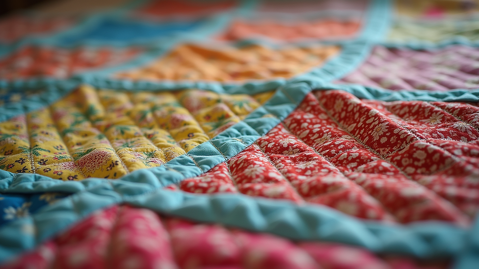 Eye-level view of a colorful quilt showcasing various patterns