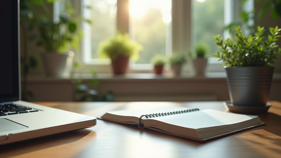 Eye-level view of a serene workspace with plants and a journal