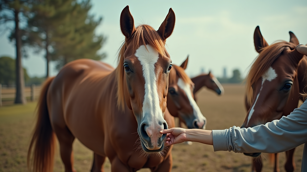 Eye-level view of a calm horse being fed