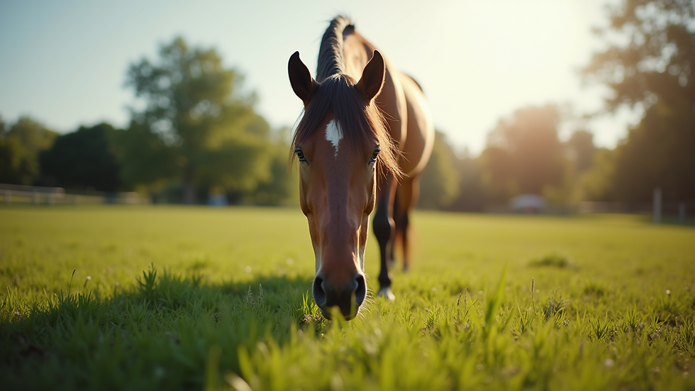 Eye-level view of a horse grazing on fresh pasture
