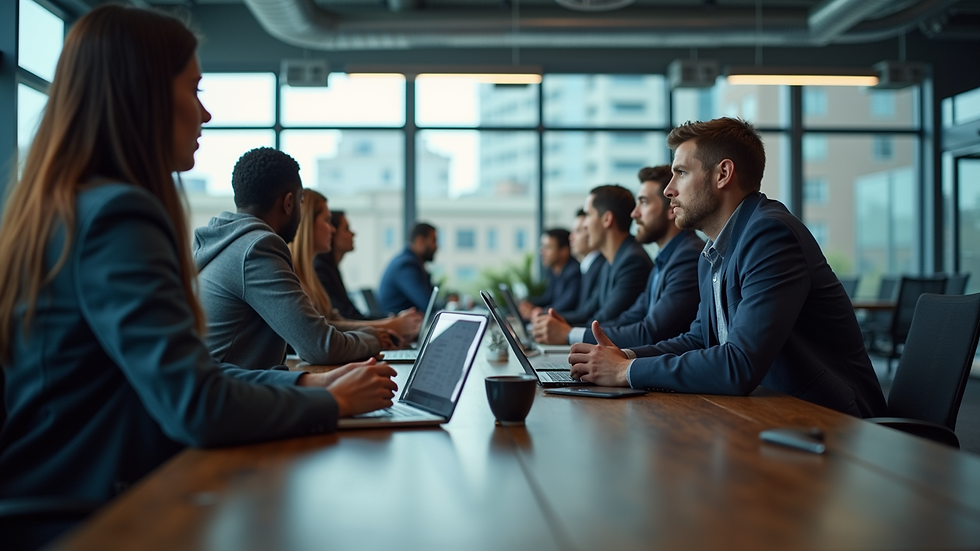 Eye-level view of a modern communication hub with diverse individuals engaged in discussion