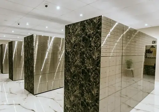 Premium mechanical safe deposit lockers with bespoke marble-pattern finishes for high-end bank vaults and private treasury rooms.