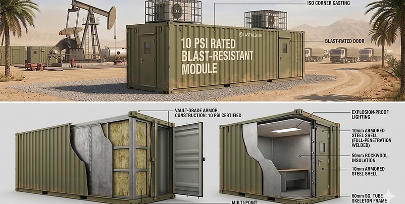 Olive green 40ft high-cube blast-resistant module featuring dual outward-opening steel doo