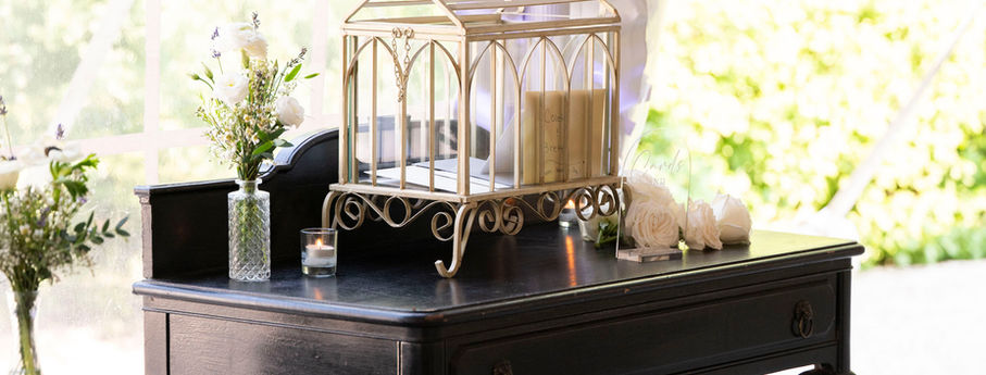 Inside the tent, a gift table with card box