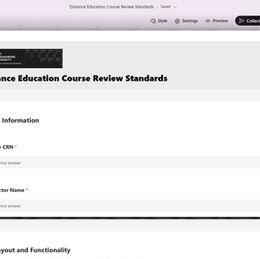 Screenshot of Distance Education Course Review Standards Survey. Includes text and selections to complete survey. Screenshot includes image of ESU Logo.