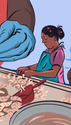 An illustration shows hands processing shrimp while two women in coats work alongside.