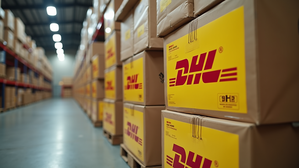 close-up view of DHL cargo boxes stacked in a warehouse