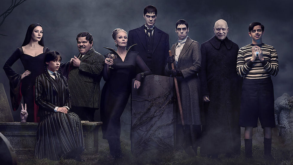 Extended Addams Family Universe featuring Jenna Ortega as Wednesday Addams, Catherine Zeta-Jones as Morticia Addams, Luis Guzmán as Gomez Addams, Joanna Lumley as Grandmama Hester Frump and Isaac Ordonez as Pugsley Addams