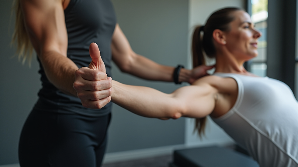 Close-up view of a fitness trainer guiding a client through rehabilitation exercises