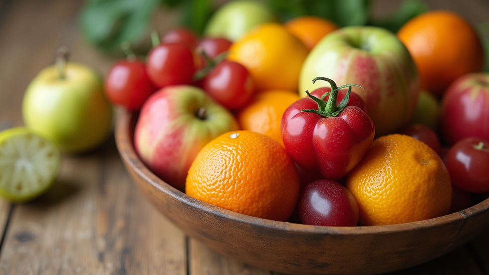 Close-up view of a colourful bowl of fresh fruits and vegetables