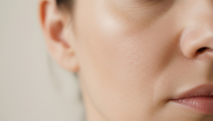 Side view of natural skin texture on a cheek in soft light