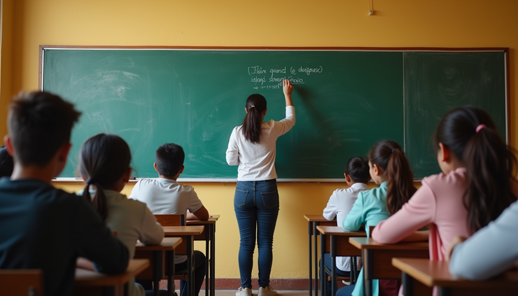 Eye-level view of a Mexican classroom with a single teacher at the blackboard