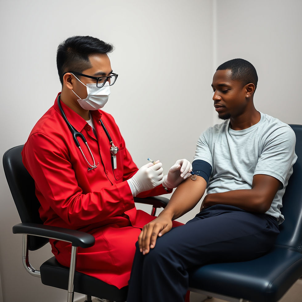asia male phlebotomist dress in red drawing compationate actual blood on afro american pa