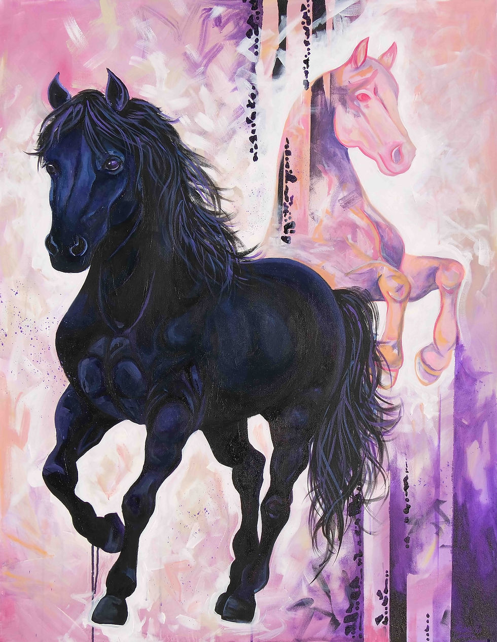 Original painting of a black stallion horse and its echo titled “Echo of the Stallion” by Canadian artist Natalie Carmella