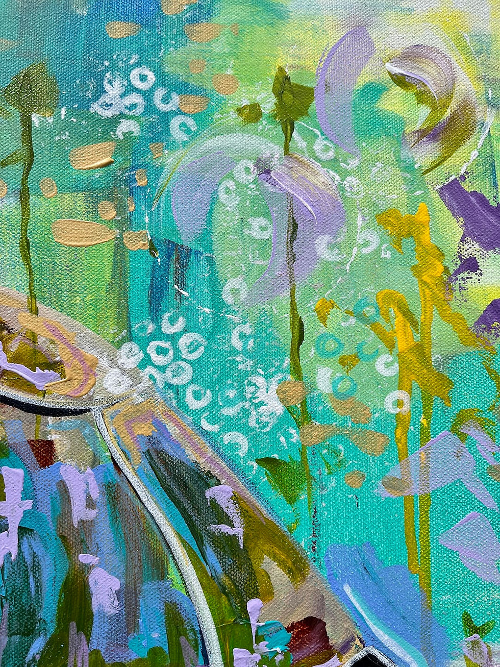 Thumbnail: Close up of turtle's shell in an original abstract painting of a sea turtle titled “Emerald Wave” by Natalie Carmella