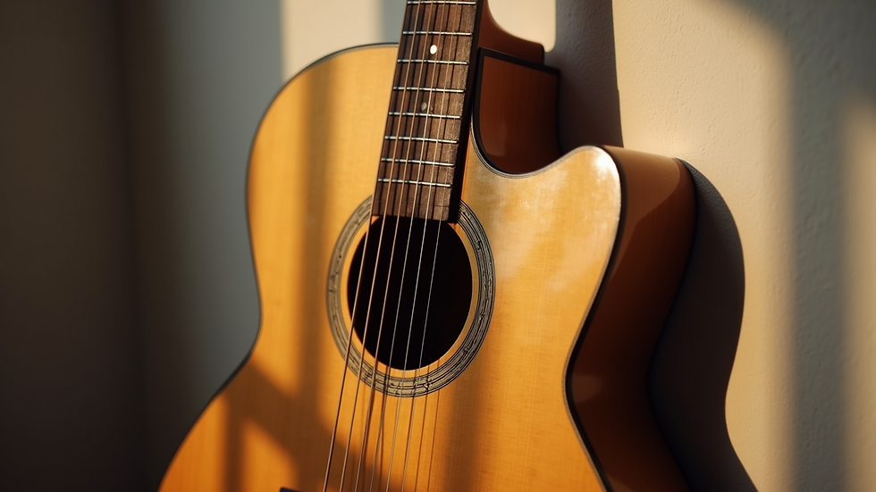 Close-up view of a guitar resting against a wall, symbolizing music's influence on healing