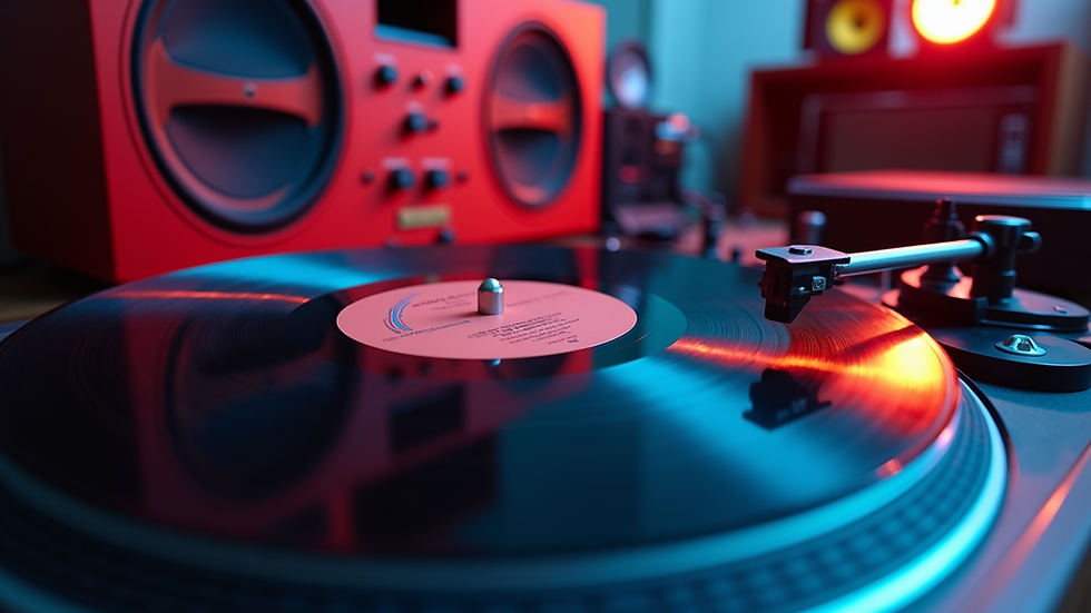 Eye-level view of a vinyl record player surrounded by vibrant audio equipment