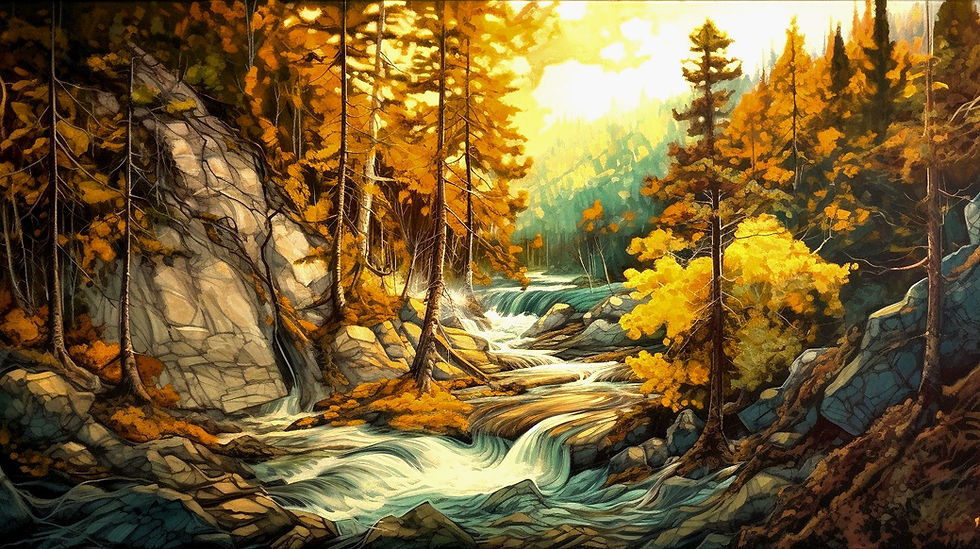 Hand painted forest with trees and water / lake running through it. Behind our about us section, explaining who Badzgaming is and what we sell and offer