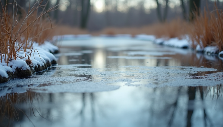 Eye-level view of a backyard pond partially covered with ice and surrounded by dormant aquatic plants