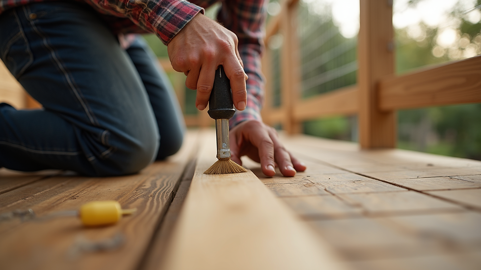 Eye-level view of a professional carpenter repairing a wooden deck railing