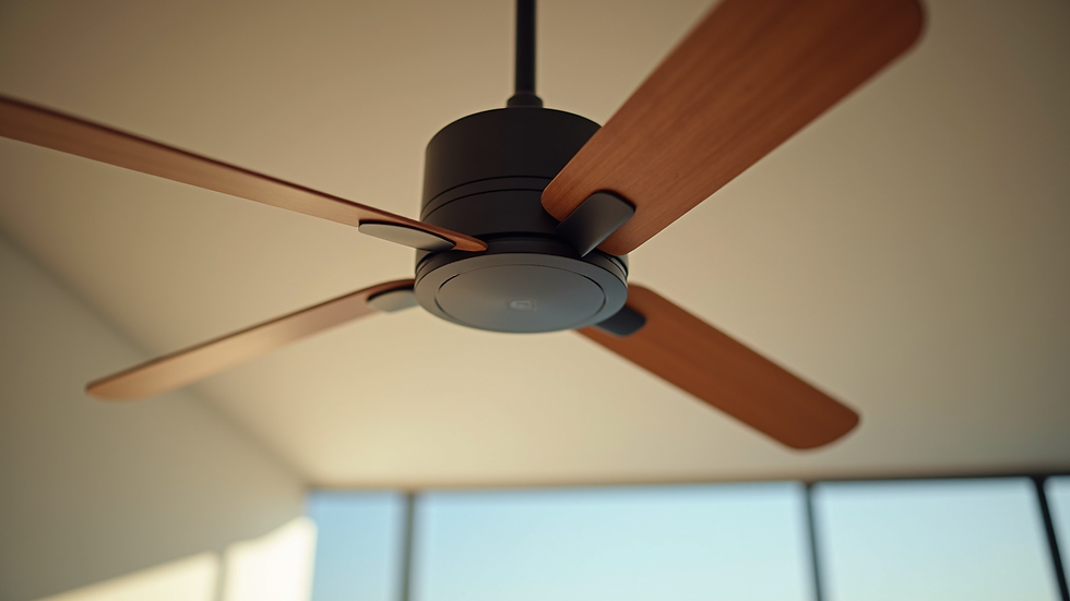 Close-up view of a modern ceiling fan with wooden blades