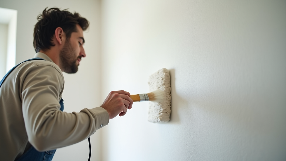 Eye-level view of a painter applying fresh white paint on a living room wall