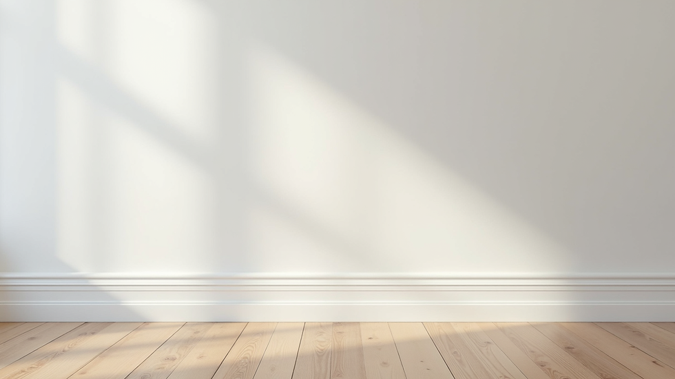 Eye-level view of freshly installed and painted white baseboards along a living room wall