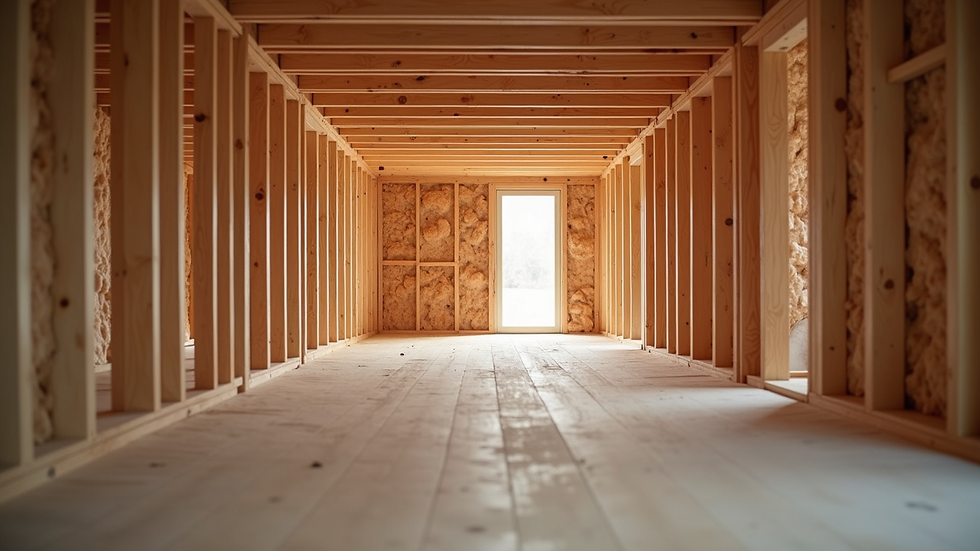 Eye-level view of wooden basement framing with insulation space