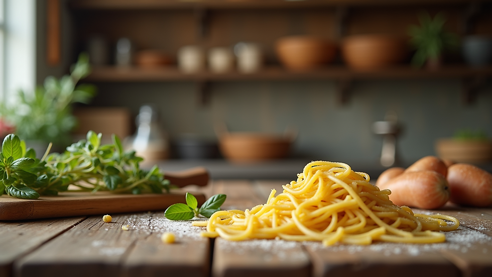 Eye-level view of a rustic Italian kitchen with fresh pasta on a wooden table