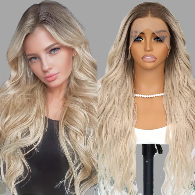 Queen-Ombre Blonde Wave Lace Front Human Hair Wig 180% Density Long Wavy Wig
