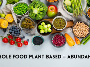 A variety of fruits, vegetables and grains, above the words whole food plant based = abundance