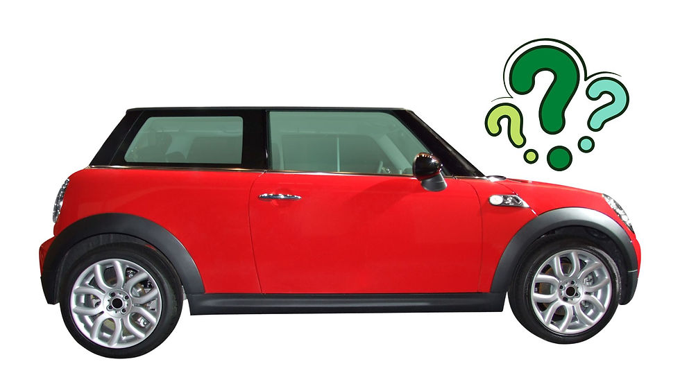 A small red car (Mini Cooper) with black trim around the wheels and windows and two doors.